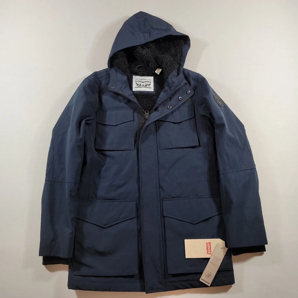 Levis Four-Pocket Hooded Jacket Mens Small Blue Fleece Lining Winter $200 NEW
